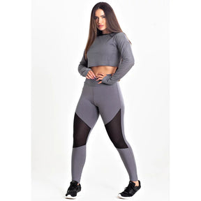 Conjunto Feminino Fitness Cropped Manga Longa Tela e Calça Legging Cinza Tela Preta