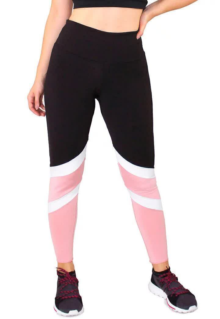 Calça Legging Feminina Cintura Alta Preta Detalhe Em Rosa e Branco