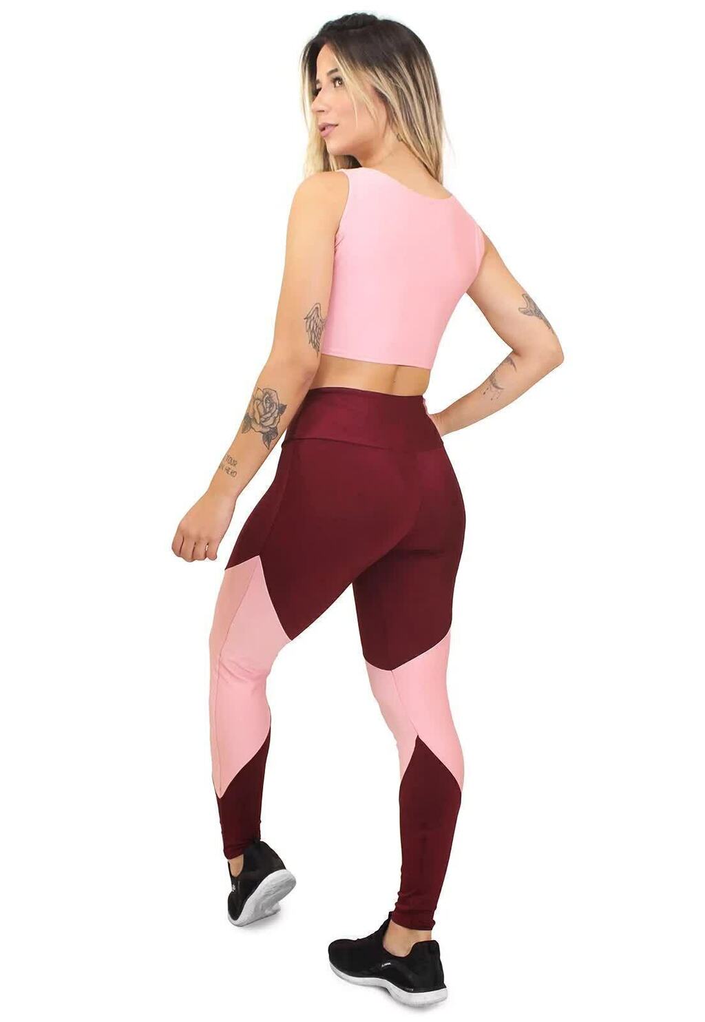 Conjunto Feminino Fitness Cropped Rosa e Calça Legging Marsala e Rosa