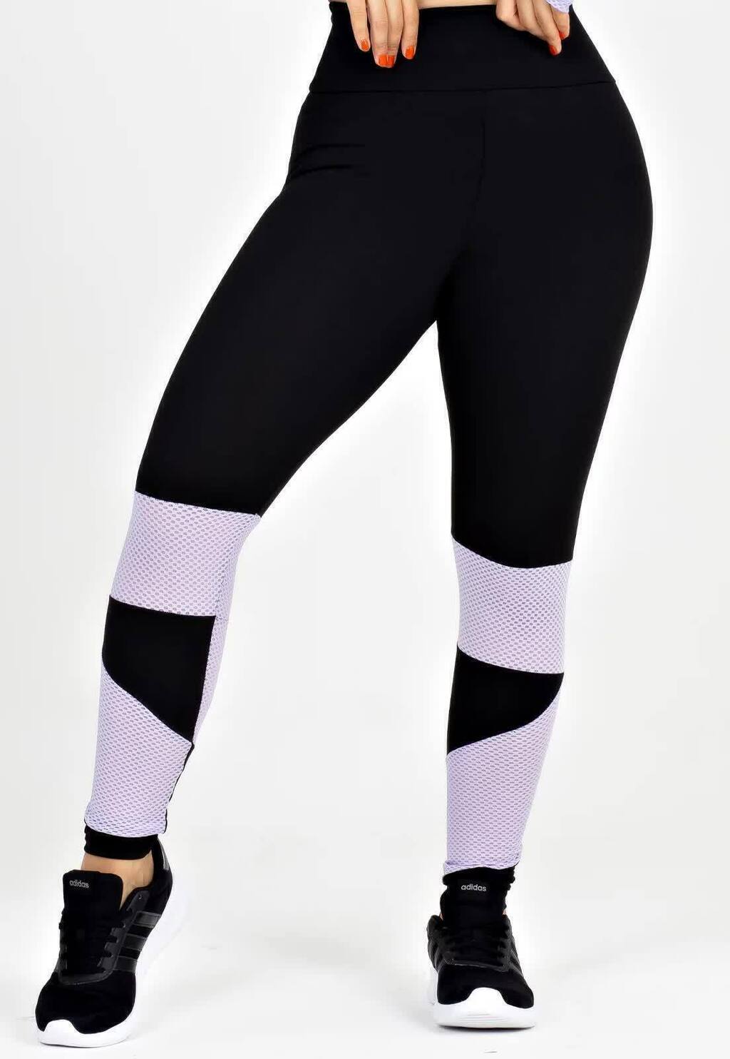 Calça Legging Feminina Cintura Alta Preta Detalhe Em Tela Lilás