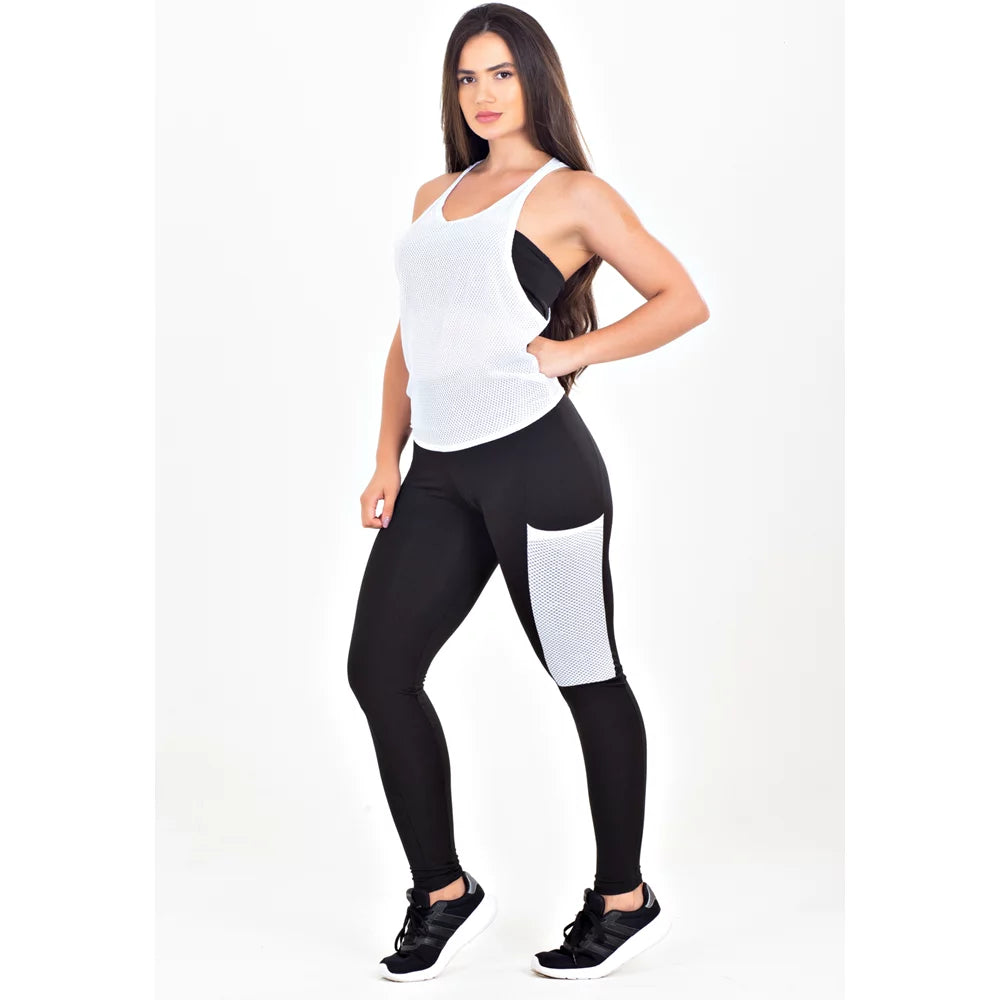 Conjunto Regata Tela Branca + Top Tomara Que Caia Preto + Calça Legging Preta Bolso De Tela Branca