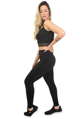 Conjunto Feminino Fitness Cropped de Alça e Calça Legging Preta