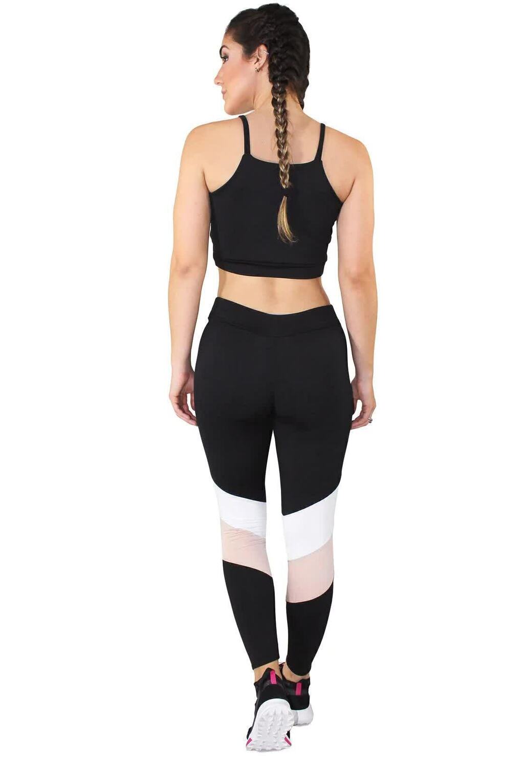 Conjunto Feminino Fitness Cropped e Calça Legging Preta Detalhe Rosa e Branco