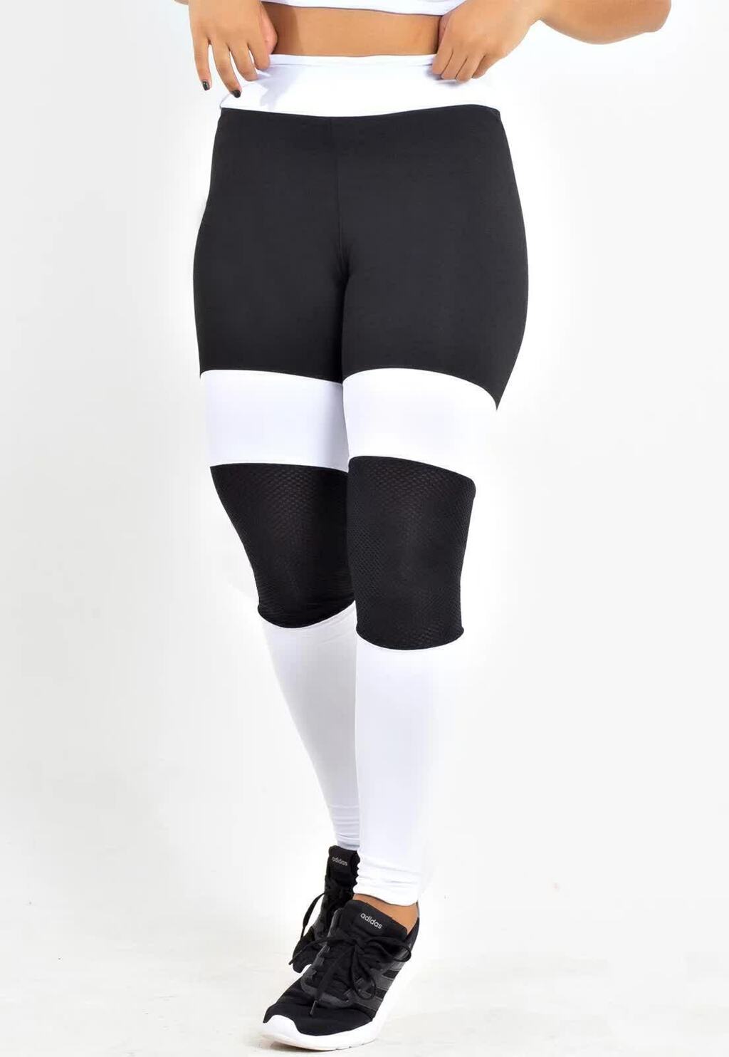 Calça Legging Feminina Cintura Alta Preta e Branco Com Detalhe Em Tela