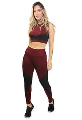 Conjunto Feminino Fitness Cropped e Calça Legging Vemelho Escuro e Preto