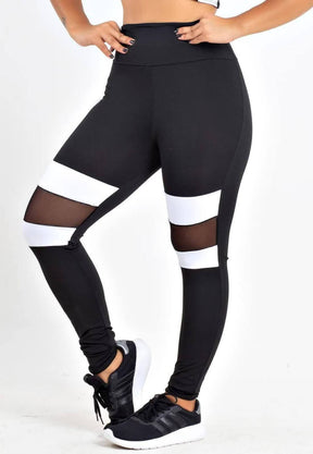 Calça Legging Feminina Cintura Alta Preta Detalhe Branco e Tela Transparente