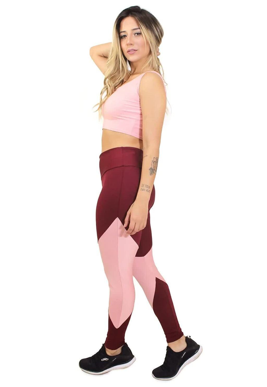 Conjunto Feminino Fitness Cropped Rosa e Calça Legging Marsala e Rosa