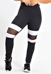 Calça Legging Feminina Cintura Alta Preta Detalhe Branco e Tela Transparente