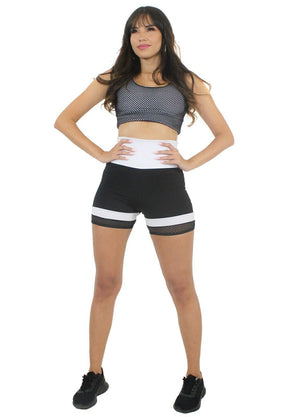 Conjunto Feminino Cropped e Short Preto com Branco