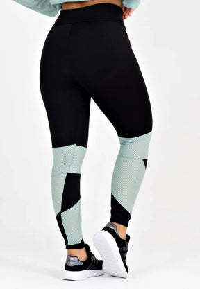 Calça Legging Feminina Cintura Alta Preta Detalhe Em Tela Verde