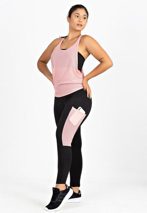 Conjunto Feminino Fitness Regata Tela Rosa Com Top Tomara que Caia e Calça Legging Com Bolso