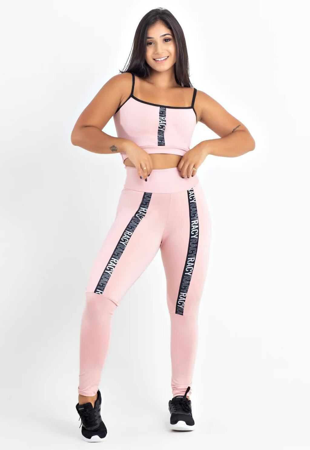 Conjunto Fitness Feminino Cropped Alcinha Rosa Detalhe Faixa Preta + Calça Legging Cintura Alta Rosa Detalhe Faixa Preta