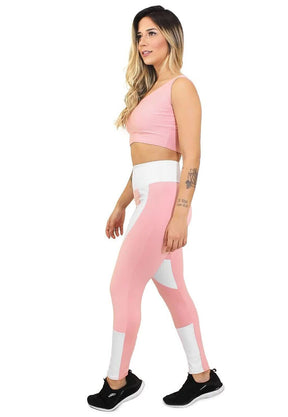 Conjunto Feminino Fitness Cropped Rosa e Calça Legging Rosa e Branco