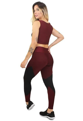 Conjunto Feminino Fitness Cropped e Calça Legging Vemelho Escuro e Preto