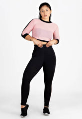 Conjunto Feminino Fitness Cropped e Calça Legging Preta Detalhe Em Tela Rosa