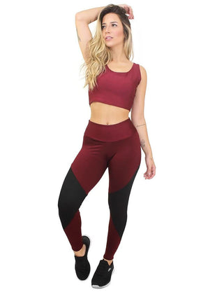 Conjunto Feminino Fitness Cropped e Calça Legging Vinho e Preto