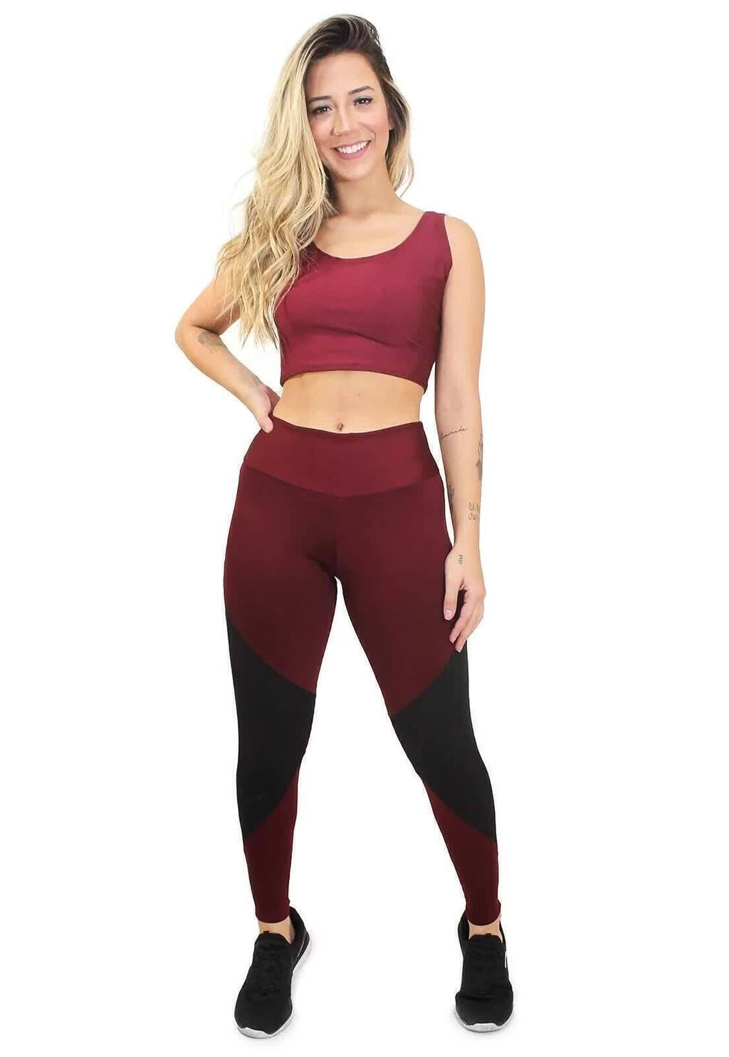 Conjunto Feminino Fitness Cropped e Calça Legging Vinho e Preto