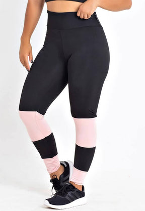 Calça Legging Feminina Cintura Alta Preta Detalhes Em Rosa