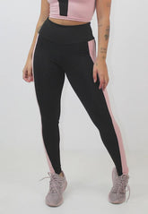 Calça Legging Feminina Cintura Alta Preta Detalhe Lateral Faixa Rosa