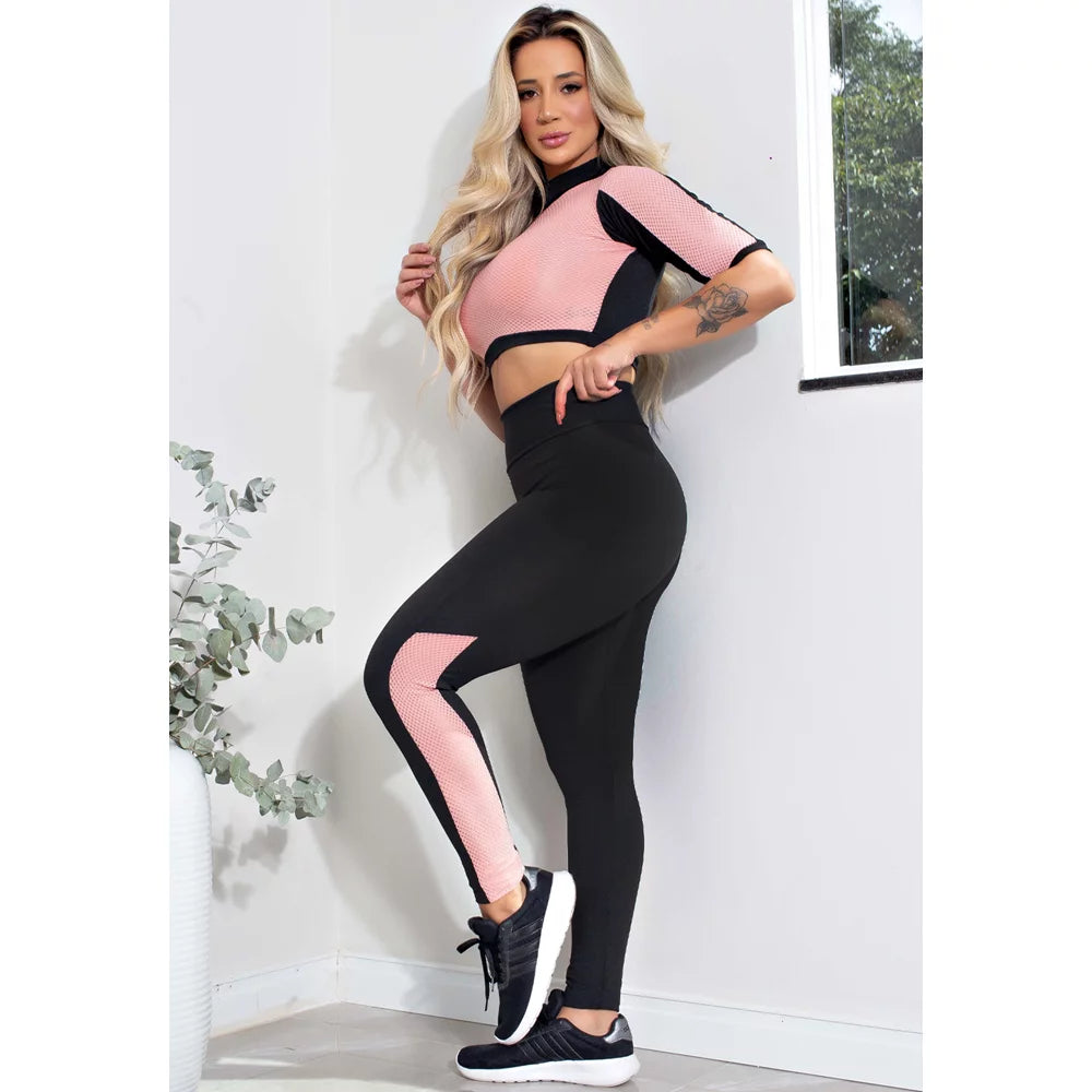 Conjunto Feminino Fitness Cropped e Calça Legging Preta Detalhe Em Tela Rosa