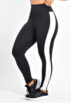 Calça Legging Feminina Cintura Alta Preta Com Detalhe Em Faixa Branca