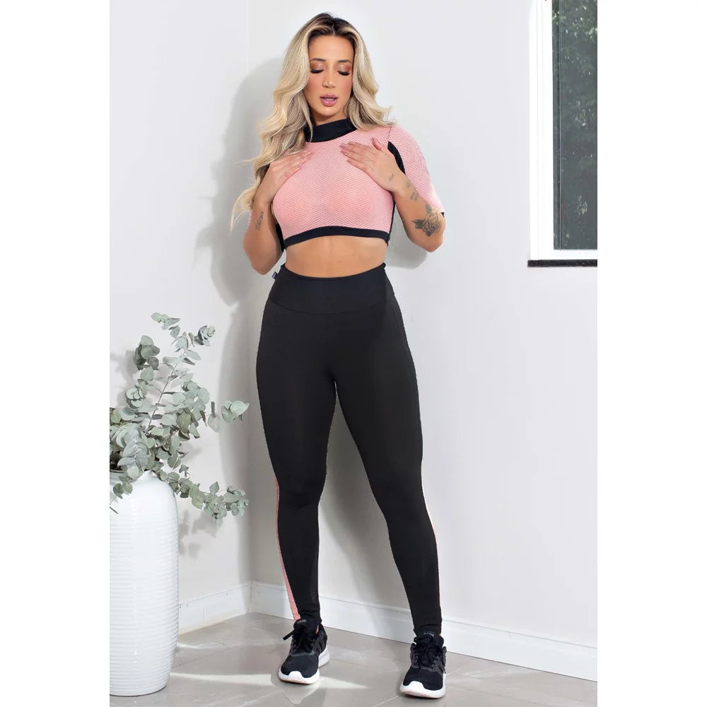 Conjunto Feminino Fitness Cropped e Calça Legging Preta Detalhe Em Tela Rosa