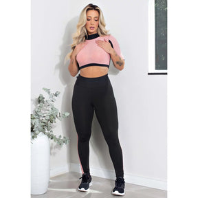 Conjunto Feminino Fitness Cropped e Calça Legging Preta Detalhe Em Tela Rosa