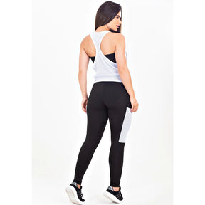 Conjunto Regata Tela Branca + Top Tomara Que Caia Preto + Calça Legging Preta Bolso De Tela Branca