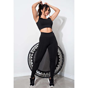 Conjunto Feminino Fitness Cropped e Calça Legging Cintura Alta Preta