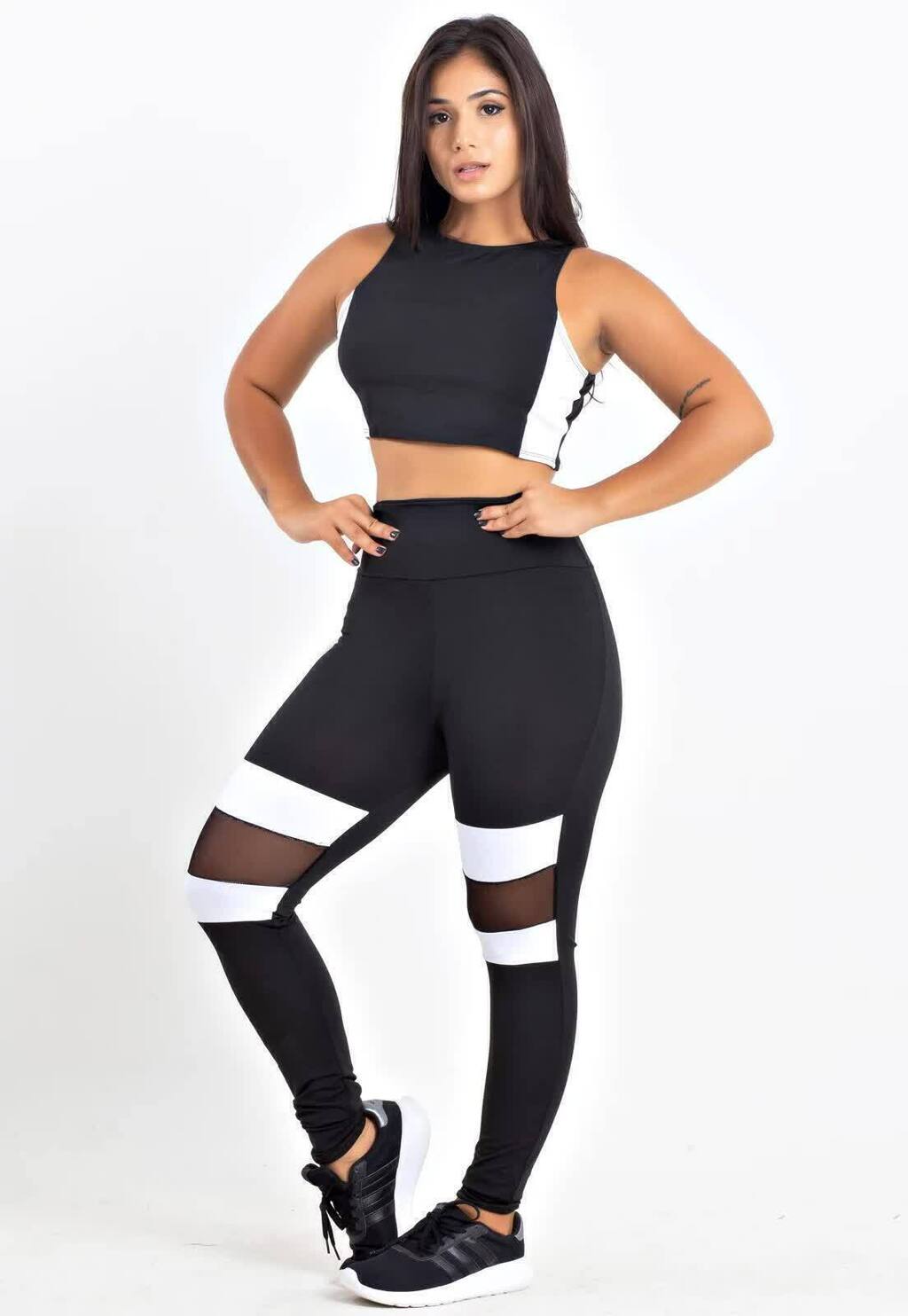 Conjunto Feminino Fitness Cropped e Calça Legging Preto e Branco Com Tela