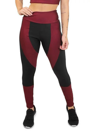 Calça Legging Feminina Cintura Alta Preta Detalhe Em Vermelho Escuro