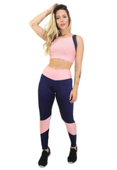 Conjunto Feminino Fitness Cropped e Calça Legging Azul Detalhe Rosa