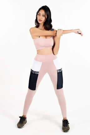 Conjunto Feminino Fitness Cropped e Calça Legging Rosa e Branco Com Bolso Preto