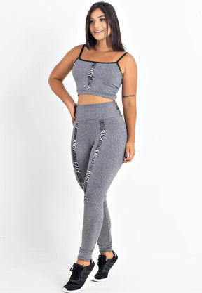 Conjunto Fitness Feminino Cropped Cinza e Calça Legging Cinza Faixa Detalhada