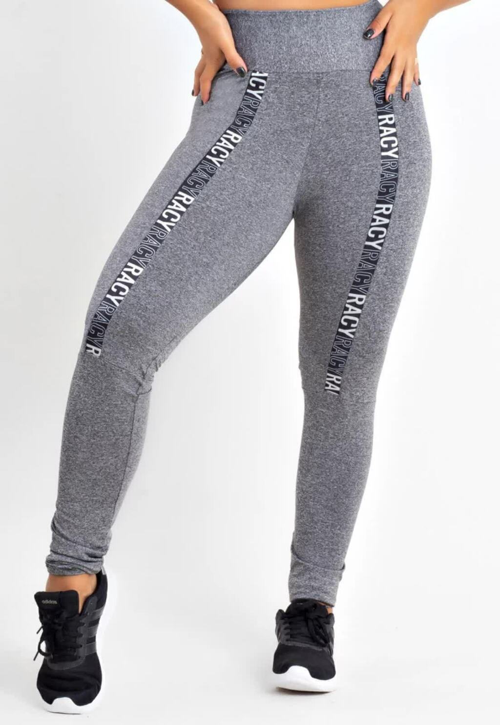 Calça Legging Feminina Cintura Alta Cinza Detalhe Faixa Escrita