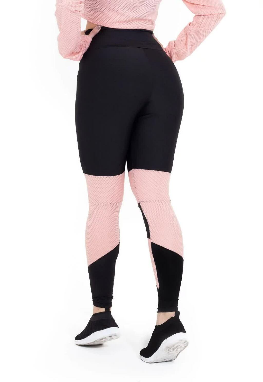 Calça Legging Feminina Cintura Alta Preta Detalhe Em Tela Rosa