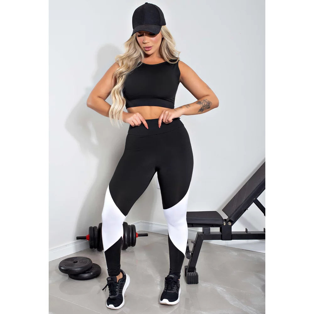 Conjunto Feminino Fitness Cropped Preto e Calça Legging Preta Com Branco