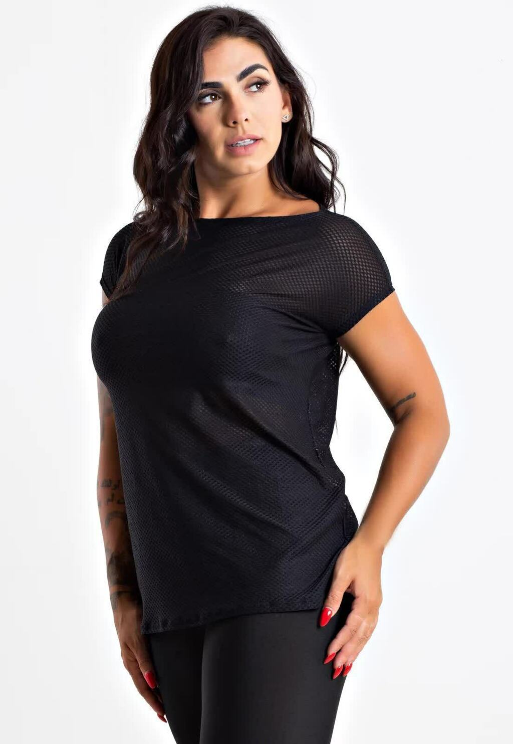 Blusa Feminina De Tela Manga Curta Preta