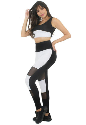 Conjunto Fitness Feminino Cropped e Calça Legging Preto e Branco