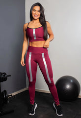 Conjunto Feminino Fitness Cropped e Calça Legging Marsala Faixa Prata