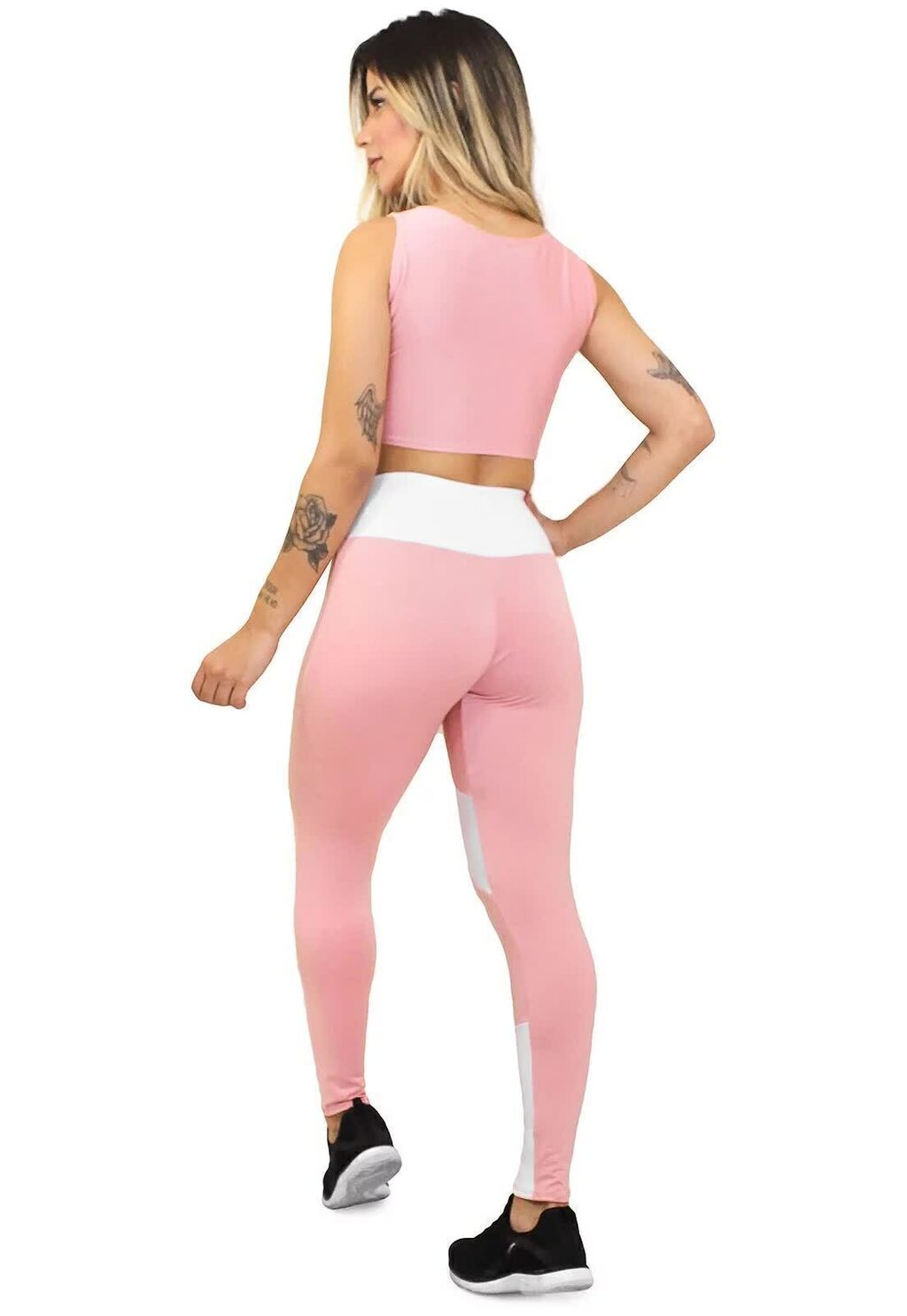 Conjunto Feminino Fitness Cropped Rosa e Calça Legging Rosa e Branco