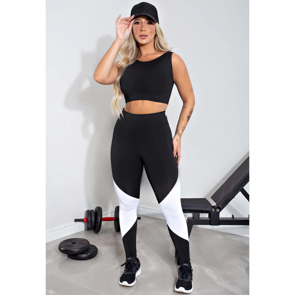 Conjunto Feminino Fitness Cropped Preto e Calça Legging Preta Com Branco