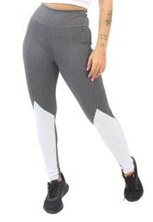 Calça Legging Feminina Cintura Alta Cinza Detalhe Em Branco