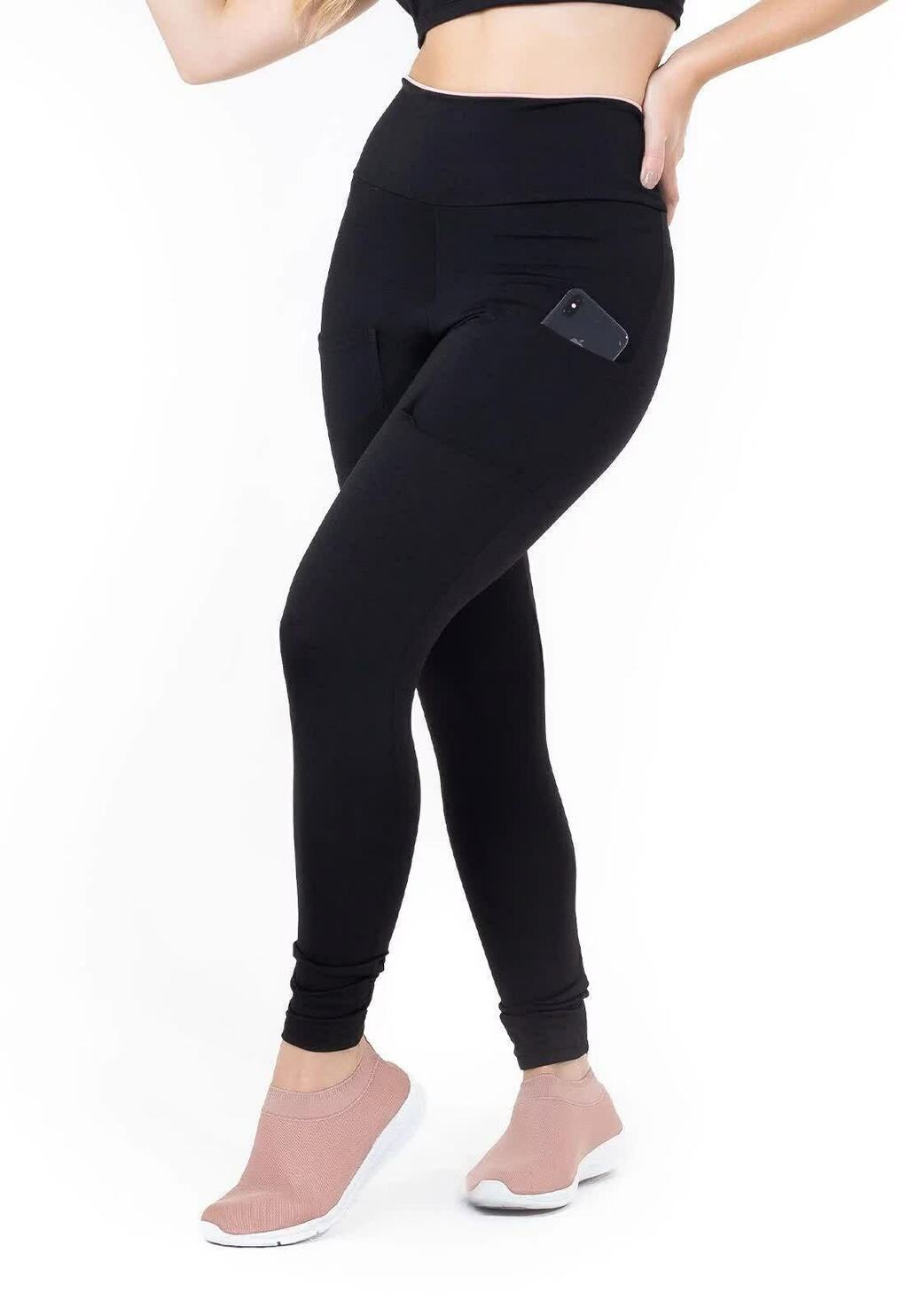 Calça Legging Feminina Cintura Alta Preta Detalhe Interno Rosa Minimalista