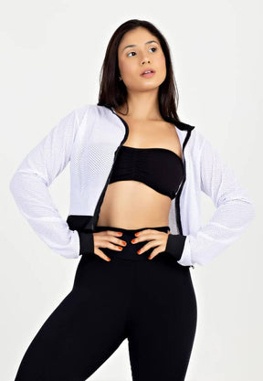 Casaco Feminino Fitness Curto Branco de Tela Com Ziper