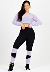 Calça Legging Feminina Cintura Alta Preta Detalhe Em Tela Lilás