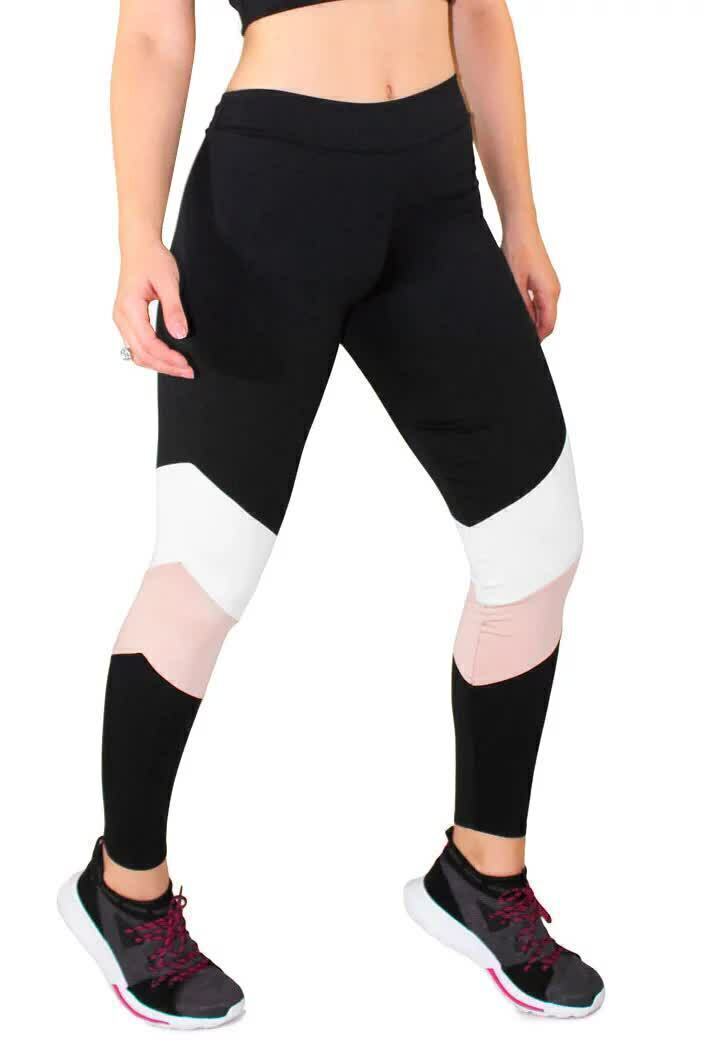 Calça Legging Feminina Cintura Alta Preta Com Detalhe Branco e Rosa