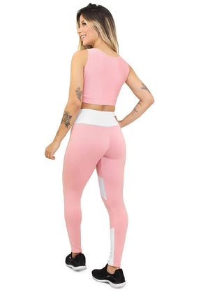 Conjunto Feminino Fitness Cropped e Calça Legging Rosa e Branco