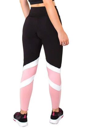 Calça Legging Feminina Cintura Alta Preta Detalhe Em Rosa e Branco