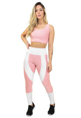 Conjunto Feminino Fitness Cropped Rosa e Calça Legging Rosa e Branco